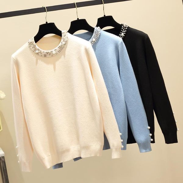 women's sweaters 4xl 2021 autumn and winter pearl round neck loose comfortable warm knitted sweater, White;black
women's sweaters 4xl 2021 autumn and winter pearl round neck loose comfortable warm knitted sweater, White;black