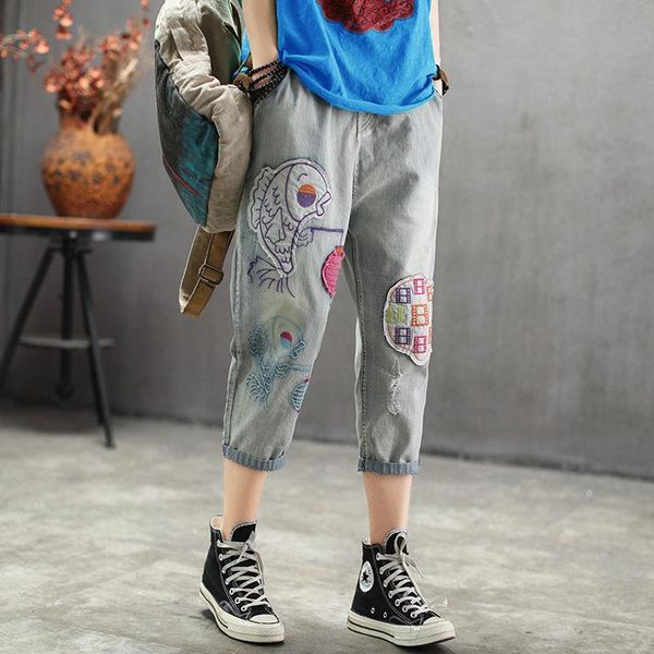 women's jeans elastic waist embroidered cropped female summer fashion vintage embroidery loose large size harem pants slimming women, Blue
women's jeans elastic waist embroidered cropped female summer fashion vintage embroidery loose large size harem pants slimming women, Blue