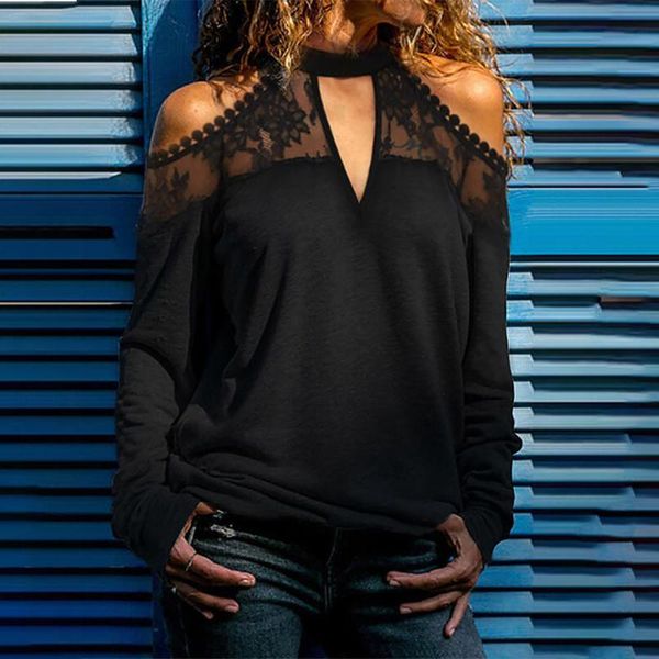 women's t-shirt ladies early autumn fashion casual solid color v-neck hollow lace mesh off-the-shoulder stitching long-sleeved top, White
women's t-shirt ladies early autumn fashion casual solid color v-neck hollow lace mesh off-the-shoulder stitching long-sleeved top, White
