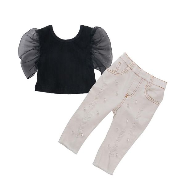 kids two-piece outfit girls puff short sleeve round neck mesh crop frayed raw hem slant pocket ripped jeans clothing sets, White
kids two-piece outfit girls puff short sleeve round neck mesh crop frayed raw hem slant pocket ripped jeans clothing sets, White
