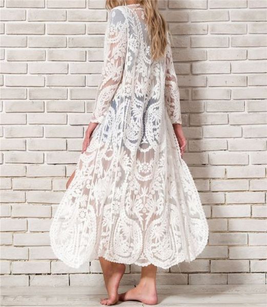 women's swimwear bikini cover-ups beach sarong white lace embroidery long kimono cardigan blouse plus size women wear swim suit co, White;black
women's swimwear bikini cover-ups beach sarong white lace embroidery long kimono cardigan blouse plus size women wear swim suit co, White;black