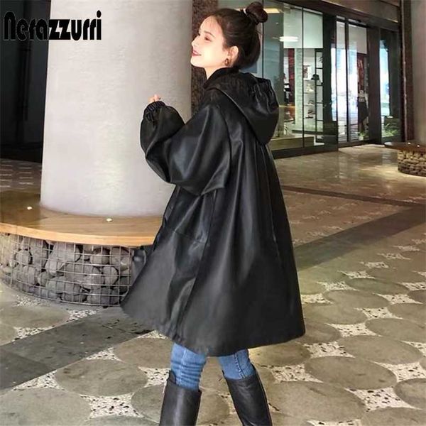 nerazzurri autumn oversized black leather jacket with drawstring hood long sleeve loose soft faux jackets for women 211215
nerazzurri autumn oversized black leather jacket with drawstring hood long sleeve loose soft faux jackets for women 211215
