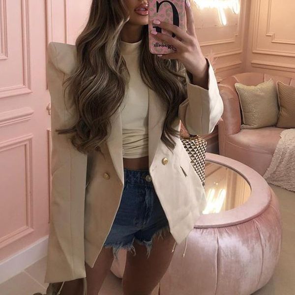 women's suits & blazers cp spring loose women double breasted simple puff sleeve jackets elegant solid female ladies, White;black