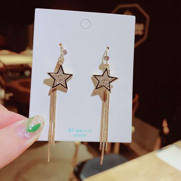 summer fresh and wild female five-pointed star rhinestone long tassel earrings temperament fashion stud dangle & chandelier, Silver
summer fresh and wild female five-pointed star rhinestone long tassel earrings temperament fashion stud dangle & chandelier, Silver
