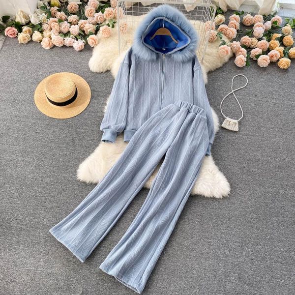 women's two piece pants winter women sets knitted thicken warm plush hooded sweater fur collar jacket coat + wide leg trousers, White
women's two piece pants winter women sets knitted thicken warm plush hooded sweater fur collar jacket coat + wide leg trousers, White