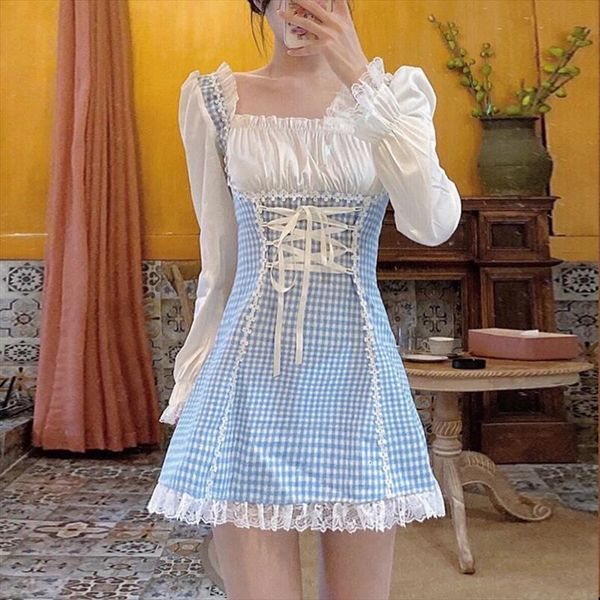 sweet lolita mini japanese style women dresses square collar bandage blue plaid gothic kawaii lace ruffles soft girl, Black;gray
sweet lolita mini japanese style women dresses square collar bandage blue plaid gothic kawaii lace ruffles soft girl, Black;gray