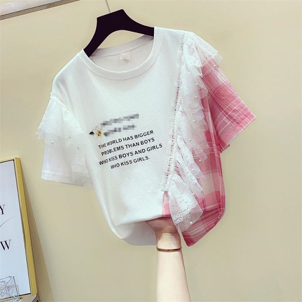 women's o neck beading mesh patchwork plaid short sleeves t-shirt tee summer girls pullover casual tees a2662 210428, White
women's o neck beading mesh patchwork plaid short sleeves t-shirt tee summer girls pullover casual tees a2662 210428, White