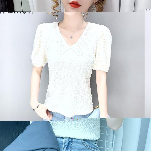 women's t-shirt 2021 summer fashion casual women v-neck beaded bubble sleeve solid color slim lace short-sleeved, White
women's t-shirt 2021 summer fashion casual women v-neck beaded bubble sleeve solid color slim lace short-sleeved, White