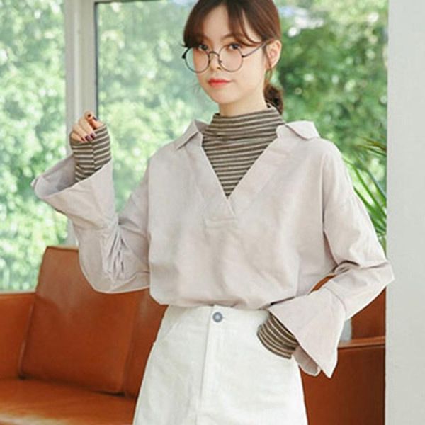 women's blouses & shirts mferlier women turtleneck striped spliced long sleeve gray khaki mori girl loose all match fake two piece woma, White
women's blouses & shirts mferlier women turtleneck striped spliced long sleeve gray khaki mori girl loose all match fake two piece woma, White