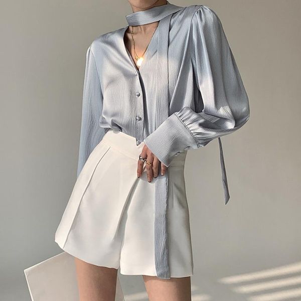 women's blouses & shirts v-neck ribbon women shirt 2021 spring summer puff sleeve long solid color office lady straight loose, White
women's blouses & shirts v-neck ribbon women shirt 2021 spring summer puff sleeve long solid color office lady straight loose, White