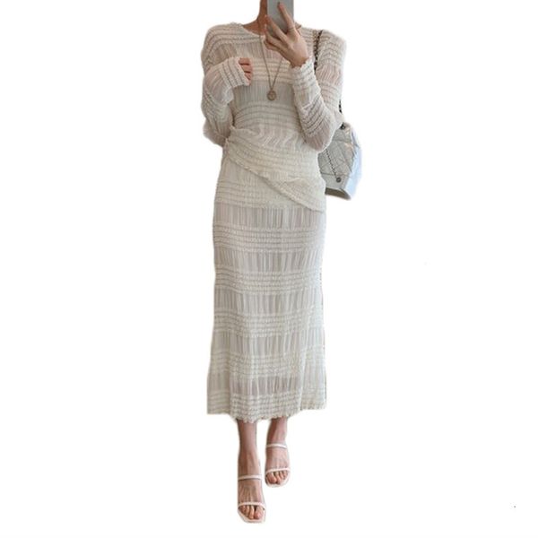 two piece dress peice set for women wholesale korean round neck lace stitching long-sleeve shirt & high-waist straight long skirt, White
two piece dress peice set for women wholesale korean round neck lace stitching long-sleeve shirt & high-waist straight long skirt, White
