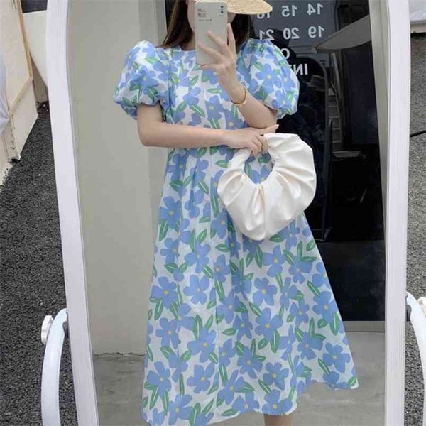 fashion retro blue print long dress korea summer women sweet puff sleeve o neck casual bohemian vacation 210519, Black;gray 
fashion retro blue print long dress korea summer women sweet puff sleeve o neck casual bohemian vacation 210519, Black;gray