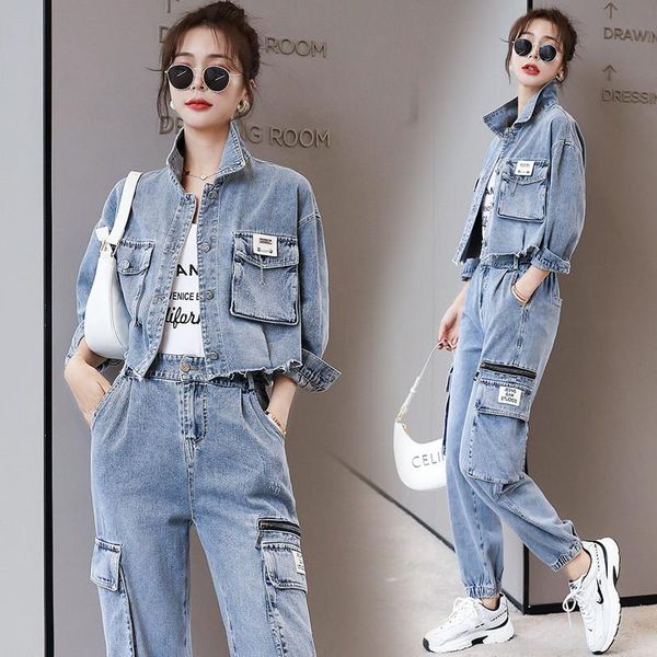 women's two piece pants 2021 autumn denim two-piece suit fashionable clothes europe and america, White
women's two piece pants 2021 autumn denim two-piece suit fashionable clothes europe and america, White