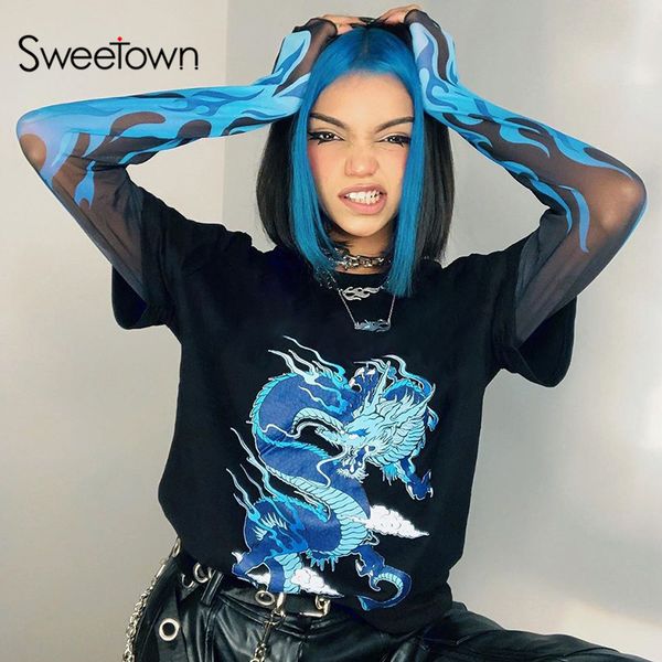 sweetown patchwork mesh long sleeve womens t-shirts punk gothic style y2k streetwear dragon and fire print tee shirts, Black;white
sweetown patchwork mesh long sleeve womens t-shirts punk gothic style y2k streetwear dragon and fire print tee shirts, Black;white