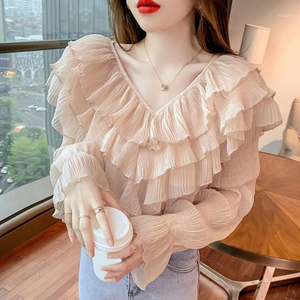 women's blouses & shirts #2042 beige white blue ruffles blouse women v neck basic chiffon femme flare long sleeved korean style thin of