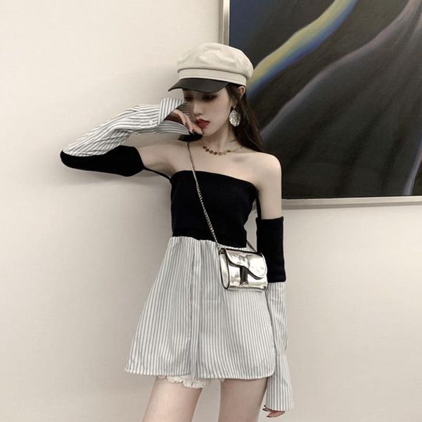 women's blouses & shirts blouse women shirt off shoulder tube stitching stripe strapless ladies bl022, White
women's blouses & shirts blouse women shirt off shoulder tube stitching stripe strapless ladies bl022, White