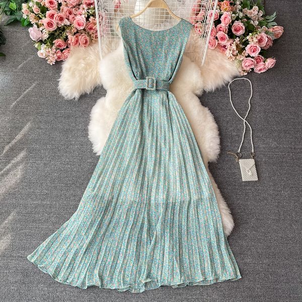 summer women printed chiffon pleated long dress vintage round neck sleeveless high waist draped vestidos with sashes 2021 new, Black;gray
summer women printed chiffon pleated long dress vintage round neck sleeveless high waist draped vestidos with sashes 2021 new, Black;gray