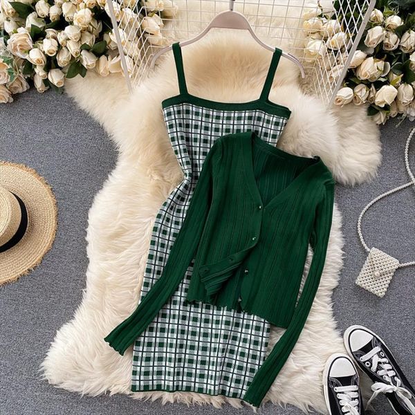 knit 2 piece set womens tracksuits spaghetti strap sleeveless plaid mini bodycon dress long sleeve sweater cardigan woman clothing, Gray 
knit 2 piece set womens tracksuits spaghetti strap sleeveless plaid mini bodycon dress long sleeve sweater cardigan woman clothing, Gray