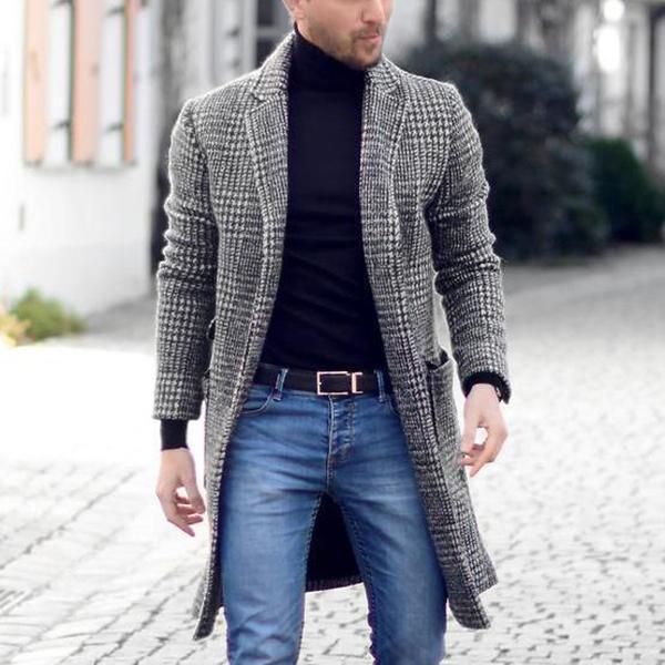 

Fashion Trench Coat Winter Trend Handsome Mid Length Plaid Men's Tweed, Black-and-white checked