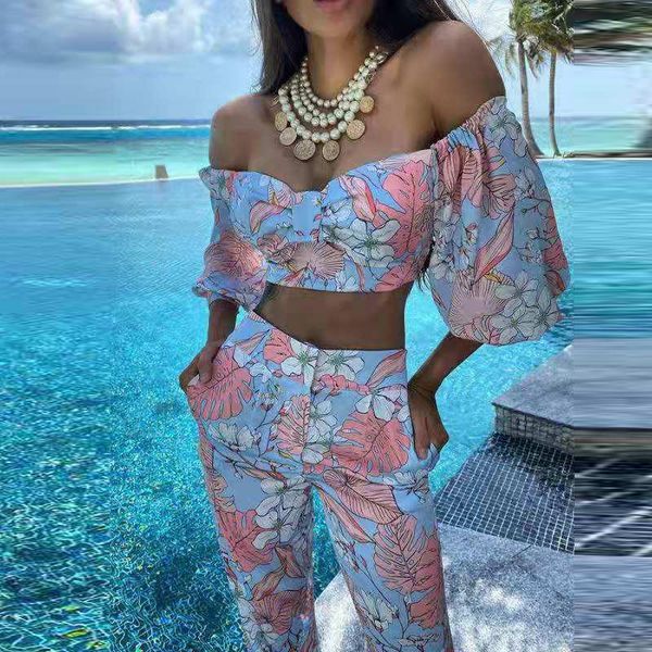 women's two piece pants autumn elegant floral print women set off shoulder blouse + wide leg long spring casual sleeve outfits, White
women's two piece pants autumn elegant floral print women set off shoulder blouse + wide leg long spring casual sleeve outfits, White