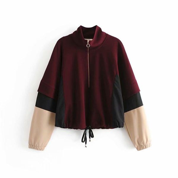 women's hoodies & sweatshirts women fashion patchwork zipper long sleeve lace up female casual loose pullover femme chic, Black