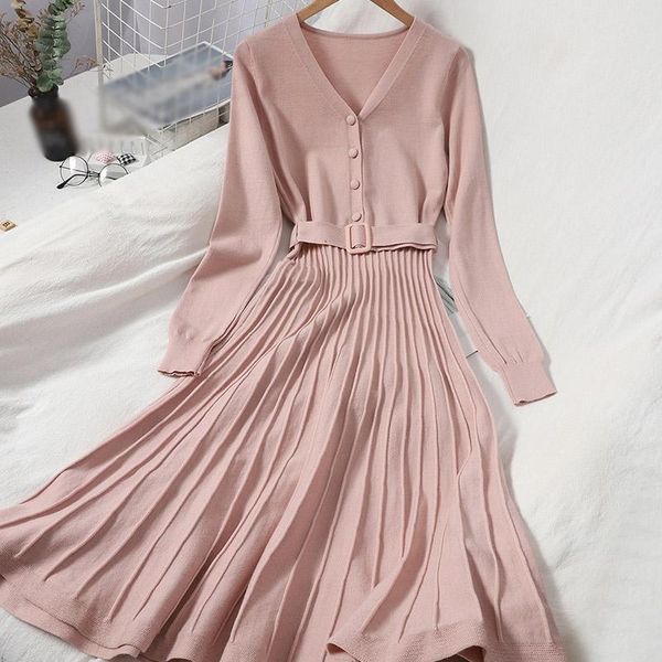 casual dresses women's knitted v-neck pleated midi dress solid long sleeve single breasted female nice autumn winter lady vestidos, Black;gray
casual dresses women's knitted v-neck pleated midi dress solid long sleeve single breasted female nice autumn winter lady vestidos, Black;gray