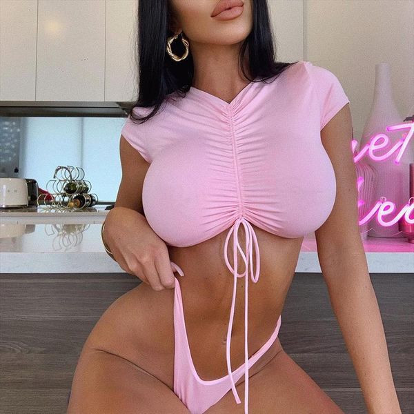 sport drawstring pink short sleeve womens swimsuit tankini women thongs high waisted bikini lace up beach wear, White;black
sport drawstring pink short sleeve womens swimsuit tankini women thongs high waisted bikini lace up beach wear, White;black