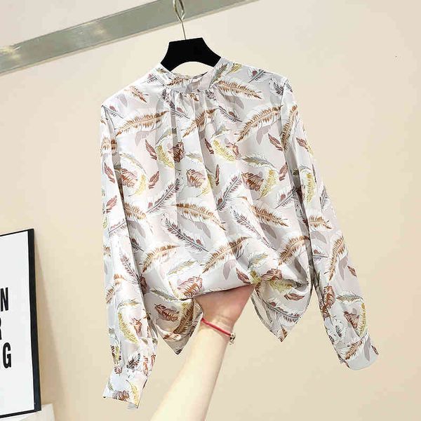 shirt spring womens and blouses feather pattern printed satin stand-up collar long sleeve women, White
shirt spring womens and blouses feather pattern printed satin stand-up collar long sleeve women, White
