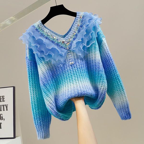 women's sweaters 2021 autumn winter pullovers sequins beaded sweet pleated striped sweater for women v-neck loose harajuku mujer, White;black
women's sweaters 2021 autumn winter pullovers sequins beaded sweet pleated striped sweater for women v-neck loose harajuku mujer, White;black