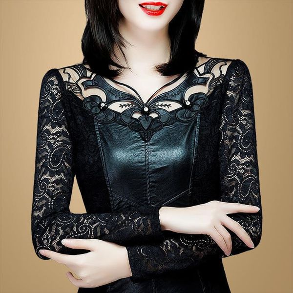 lace autumn winter long sleeved women shirt pu leather blusas ropa de mujer, White 
lace autumn winter long sleeved women shirt pu leather blusas ropa de mujer, White