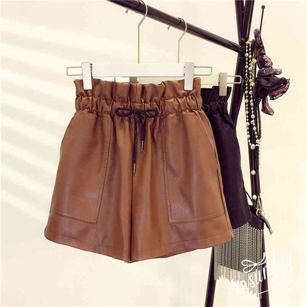 spring korean style female leather shorts high waist loose wide leg short femme elastic belt 210624, White;black
spring korean style female leather shorts high waist loose wide leg short femme elastic belt 210624, White;black