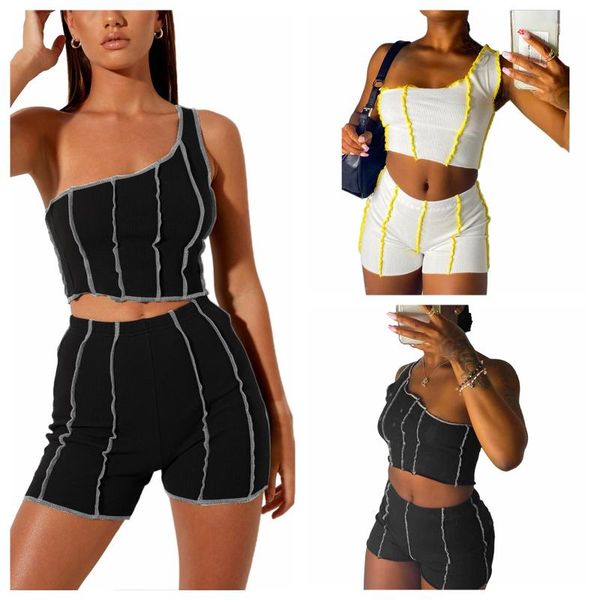 women's tracksuits women one-shoulder vest + shorts, vertical pattern decoration style summer clothing, Gray
women's tracksuits women one-shoulder vest + shorts, vertical pattern decoration style summer clothing, Gray