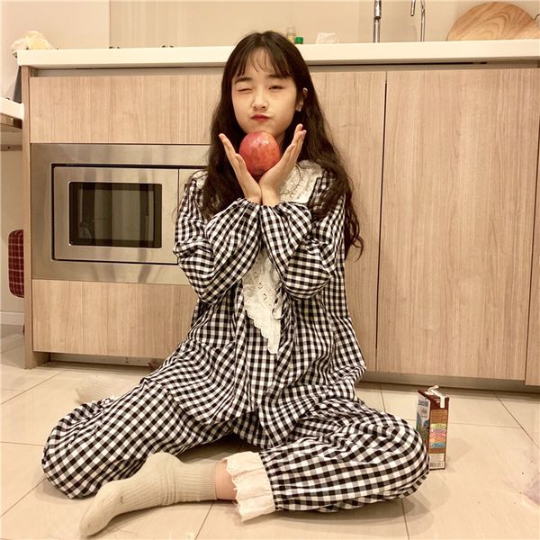 women's sleepwear pijamas women korean sweet sleepwear pajamas set long sleeve autumn winter nightwear plaid student's home wear p, Black;red
women's sleepwear pijamas women korean sweet sleepwear pajamas set long sleeve autumn winter nightwear plaid student's home wear p, Black;red