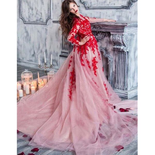 fairy prom dresses long sleeves luxury lace appliques a line evening dress party wear custom made carpet gowns, Black;red
fairy prom dresses long sleeves luxury lace appliques a line evening dress party wear custom made carpet gowns, Black;red
