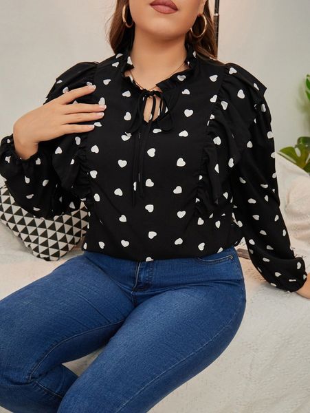 plus heart print ruffle trim frill tie neck lantern sleeve blouse x2dt#, Black
plus heart print ruffle trim frill tie neck lantern sleeve blouse x2dt#, Black