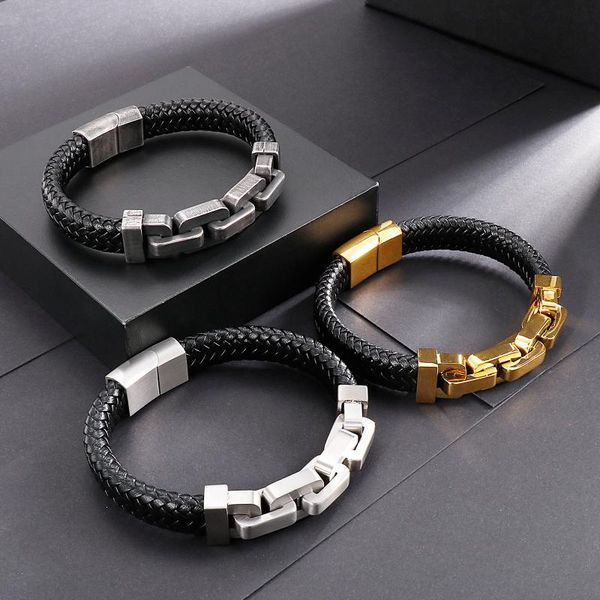 charm bracelets haoyi fashion leather braided bracelet metal geometric chain punk men's stainless steel jewelry, Golden;silver
charm bracelets haoyi fashion leather braided bracelet metal geometric chain punk men's stainless steel jewelry, Golden;silver