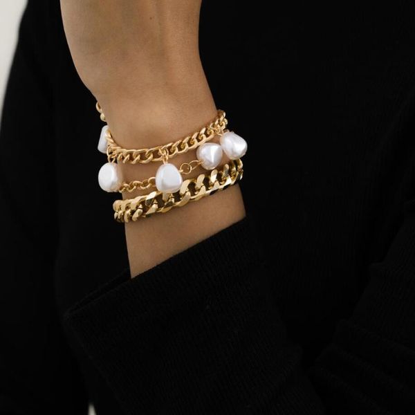 link, chain 3pcs/set baroque irregular pearls drops fashion metal bracelet set, Black
link, chain 3pcs/set baroque irregular pearls drops fashion metal bracelet set, Black