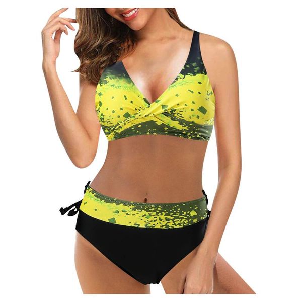 women's swimwear women yellow tie dye print swimsuit two piece retro halter ruched high waist bikini set cross pleated design, White;black
women's swimwear women yellow tie dye print swimsuit two piece retro halter ruched high waist bikini set cross pleated design, White;black