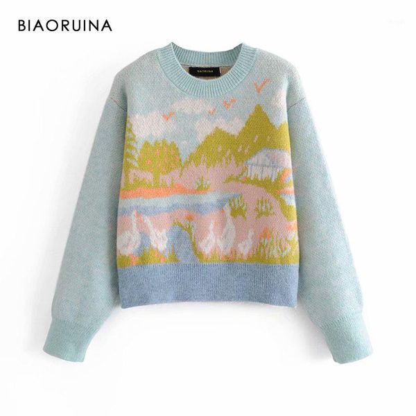 women's scenery jacquard loose casual knitted pullover round neck female autumn winter japan style fashion sweaters, White;black
women's scenery jacquard loose casual knitted pullover round neck female autumn winter japan style fashion sweaters, White;black