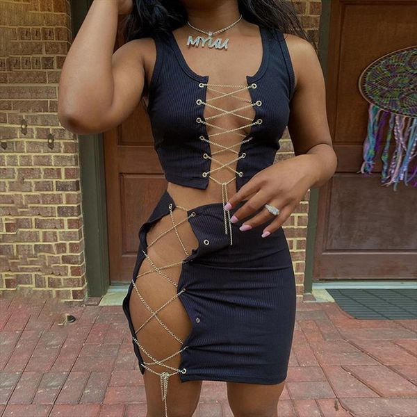 stretchy ribbed two piece sets womens tracksuits vest skirt set suit fashion cross chain lace up hollow nightclub, Gray
stretchy ribbed two piece sets womens tracksuits vest skirt set suit fashion cross chain lace up hollow nightclub, Gray