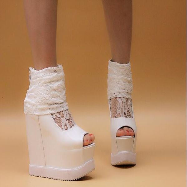 15cm super high heel lace fish mouth sandals women's thick-soled platform wedge, Black
15cm super high heel lace fish mouth sandals women's thick-soled platform wedge, Black