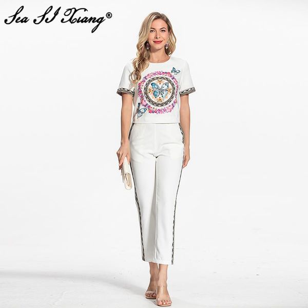 women's two piece pants seasixiang fashion designer summer suit women o-neck short sleeve beading print t-shirt + pencil casual set, White
women's two piece pants seasixiang fashion designer summer suit women o-neck short sleeve beading print t-shirt + pencil casual set, White