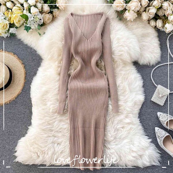 autumn winter women sweater knitted dress slim elastic v-neck long sleeve lady bodycon dresses vintage vestidos 210521, Black;gray 
autumn winter women sweater knitted dress slim elastic v-neck long sleeve lady bodycon dresses vintage vestidos 210521, Black;gray