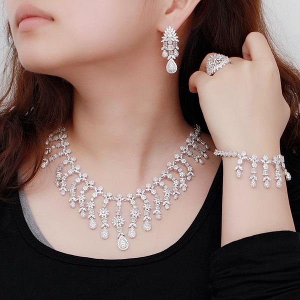 earrings & necklace cwwzircons 4pcs super shiny luxury african dubai cz white gold color women big wedding jewelry set for brides party wear, Silver
earrings & necklace cwwzircons 4pcs super shiny luxury african dubai cz white gold color women big wedding jewelry set for brides party wear, Silver