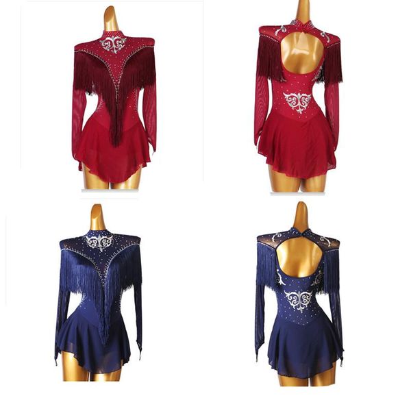 stage wear navy blue red fringe figure skating dress women girl ice gymnastics costume custom crystal rhinestone b069, Black;red
stage wear navy blue red fringe figure skating dress women girl ice gymnastics costume custom crystal rhinestone b069, Black;red
