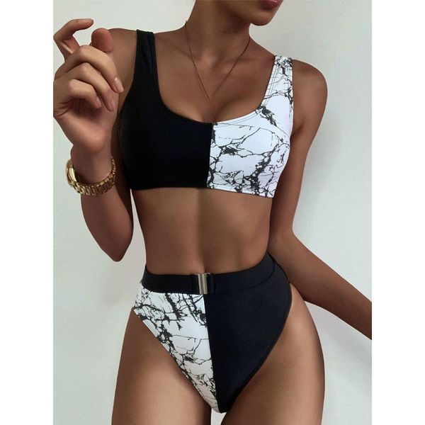 women's swimwear high waisted bikinis swimsuit cut bikini set printed patchwork biquini belted beachwear 2021, White;black
women's swimwear high waisted bikinis swimsuit cut bikini set printed patchwork biquini belted beachwear 2021, White;black
