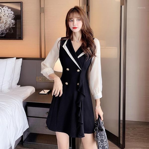 #5211 spring autumn black blazer dress women chiffon long sleeved mini spliced ruffles vestidos casual short dresses, Black;gray
#5211 spring autumn black blazer dress women chiffon long sleeved mini spliced ruffles vestidos casual short dresses, Black;gray