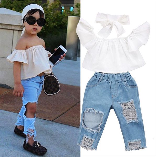 little girls street style 3 pcs clothing set toddler kids off shoulder ripped jeans denim pants outfits clothes 1, White
little girls street style 3 pcs clothing set toddler kids off shoulder ripped jeans denim pants outfits clothes 1, White
