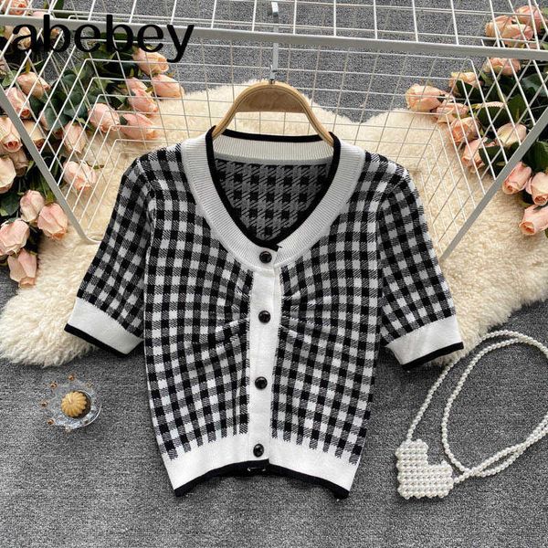 v neck women button black houndstooth cardigan short sleeve knitted loose jumper casual 210715, White;black
v neck women button black houndstooth cardigan short sleeve knitted loose jumper casual 210715, White;black
