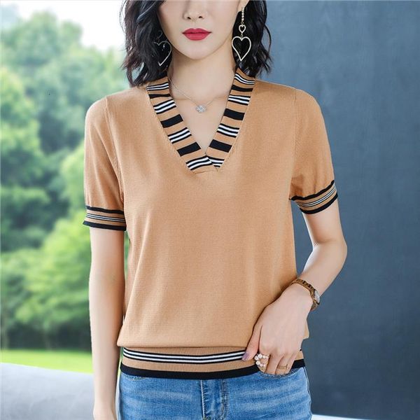 short sleeve women pullover ladies womens sweaters summer ice silk v neck striped knitted tshirts feminine fashion sweater, White;black
short sleeve women pullover ladies womens sweaters summer ice silk v neck striped knitted tshirts feminine fashion sweater, White;black